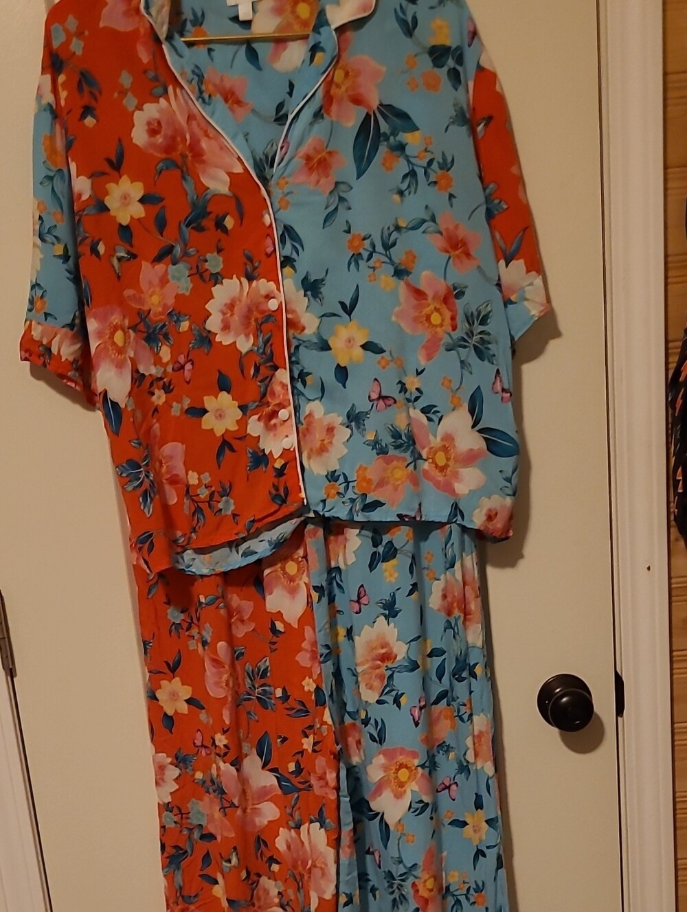 Floral Two-Tone Satin Pajama Set in Coral and Sky Blue